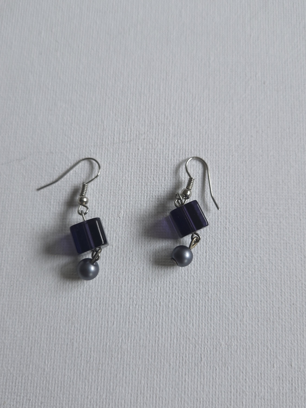 Purple Cube Dangle Earrings Grey Faux Pearl